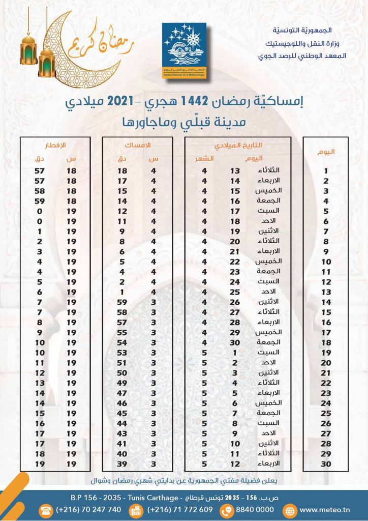 إمساكية رمضان 2021 م 1442 هـ أوقات الافطار و السحور في تونس حسب الولايات أنباء تونس