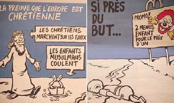 images de Charlie Hebdo ironisant sur la mort de Aylan