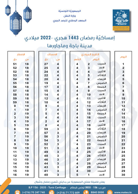 Tunis Calendrier Ramadan 2023