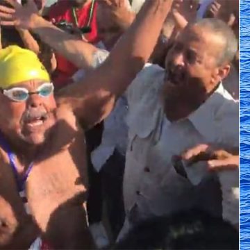 الحمامات: لحظة وصول السباح نجيب بالهادي بعد قطعه مسافة 155 كلم تفصل جزيرة بنتلاريا عن سواحل نابل (فيديو)