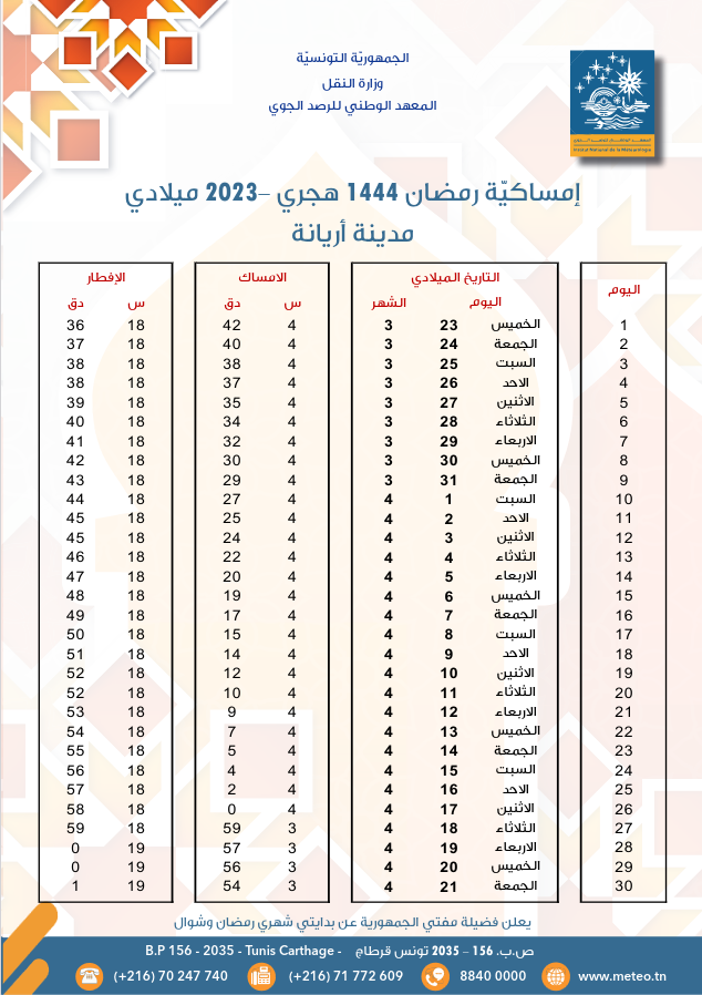 مواعيد الافطار و السحور في ولاية أريانة - رمضان 2023