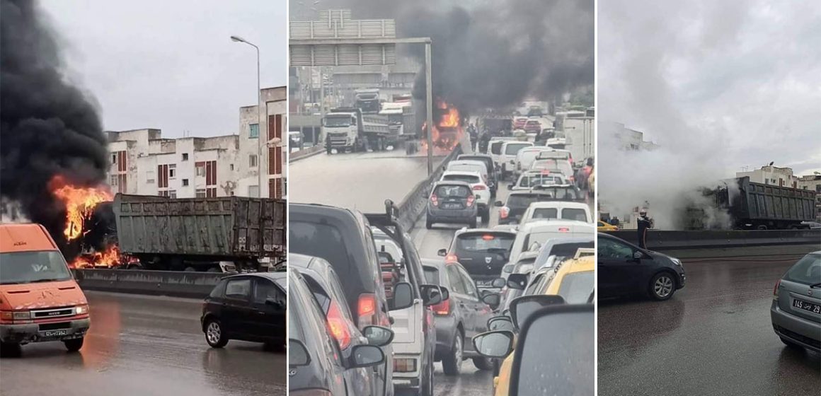 فيديو اليوم من ولاية أريانة: احتراق جزء من شاحنة في طريق تونس بنزرت على مستوى حي النزهة (فيديو)