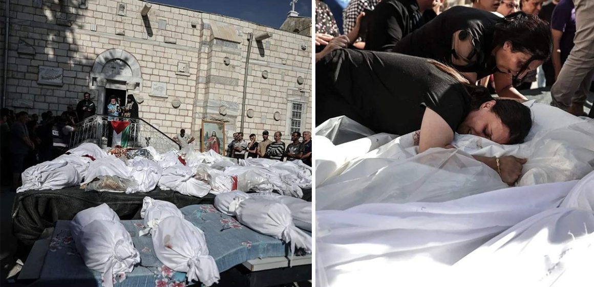 مراسم دفن 18 شهيدا ماتوا تحت قصف الاحتلال في كنيسة الروم الأرثوذكس أمس في غزة (صور لما بقي بعد القصف)