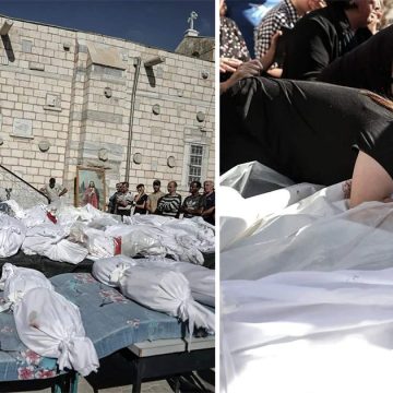 مراسم دفن 18 شهيدا ماتوا تحت قصف الاحتلال في كنيسة الروم الأرثوذكس أمس في غزة (صور لما بقي بعد القصف)