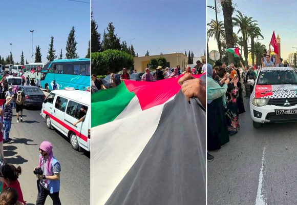 بن قردان: الآلاف من النشطاء يستقبلون قافلة الصمود لكسر حصار غزة (فيديو)