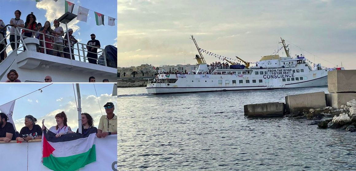 سفينة “الضمير” تغادر ميناء اوترانتو الإيطالي نحو غزة (فيديو و صور)