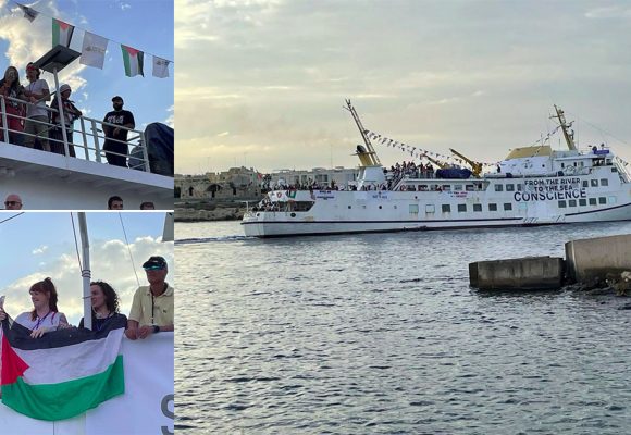 سفينة “الضمير” تغادر ميناء اوترانتو الإيطالي نحو غزة (فيديو و صور)