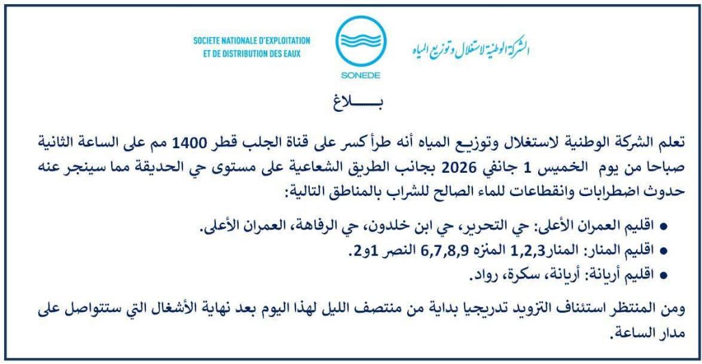 تونس: بسبب كسر قناة على مستوى حي الحديقة، عدة مناطق دون ماء إلى يوم 2 أكتوبر