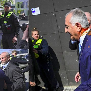 برلين: احتجاز متظاهر إيراني قام برش رضا بهلوي بسائل أحمر