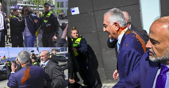 برلين: احتجاز متظاهر إيراني قام برش رضا بهلوي بسائل أحمر