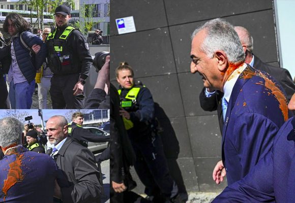 برلين: احتجاز متظاهر إيراني قام برش رضا بهلوي بسائل أحمر