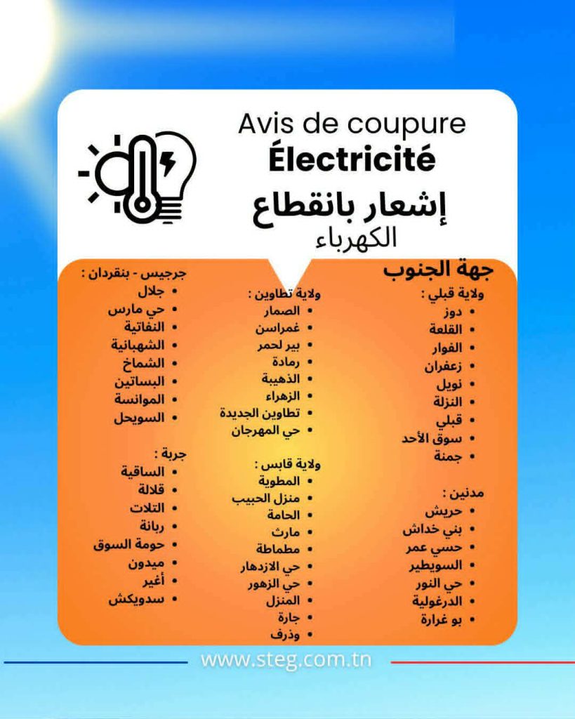 إشعار بانقطاع الكهرباء جهة الجنوب