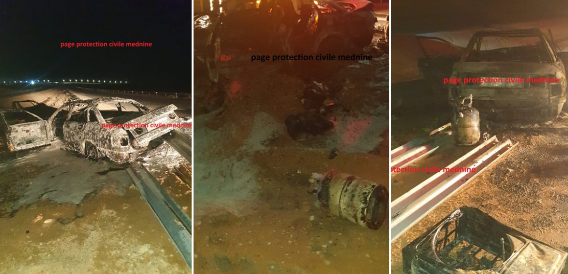 Médenine : Une voiture transportant du carburant de contrebande et des bonbonnes de gaz prend feu sur la route (Photos)