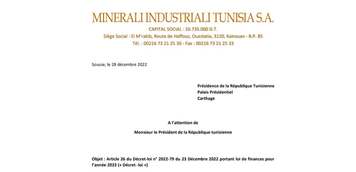 Document : Lettre de Minerali Industriali Tunisia au président Saïed