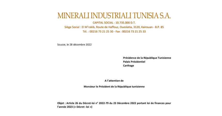 Document : Lettre de Minerali Industriali Tunisia au président Saïed