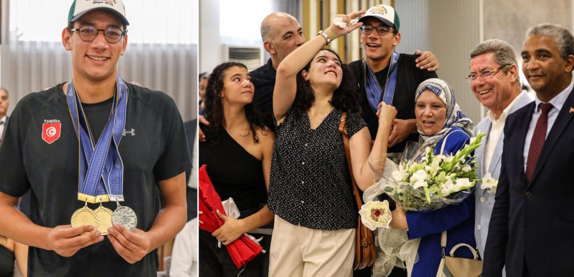 Tunisie-Natation : En images, le double champion du monde Ayoub Hafnaoui rentre au bercail