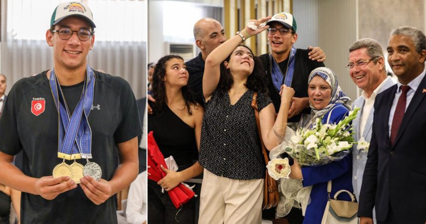 Tunisie-Natation : En images, le double champion du monde Ayoub Hafnaoui rentre au bercail